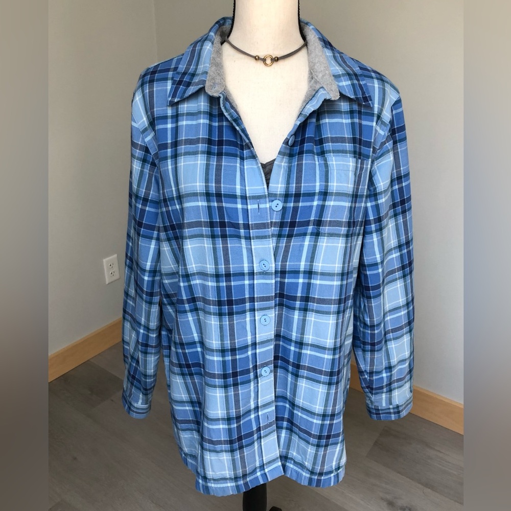 L.L.Bean Blue Plaid Fleece Lined Flannel Shacket Size Large - Picture 2 of 10